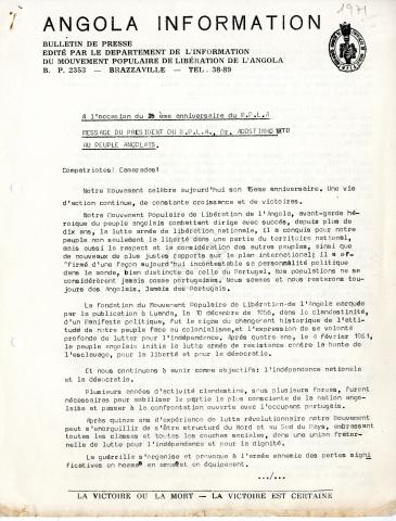 Mensagem de Agostinho Neto por ocasião do 15º aniversário do MPLA