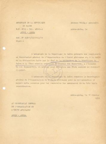 Carta da Embaixada do Zaire em Addis Abeba à OUA