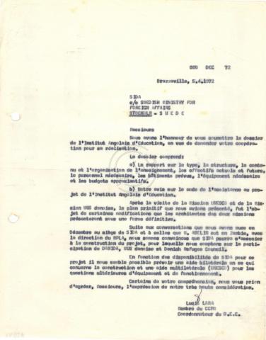 Carta de Lúcio Lara ao Swedish Ministry for Foreign Affairs