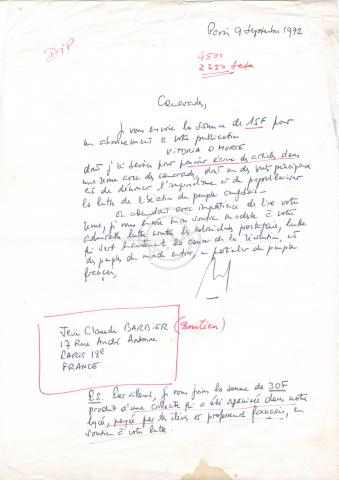 Carta a Camarades «Je vous envoie la somme de 15F…»