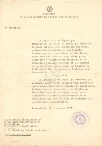 Carta de «Légation» da RDA no Congo