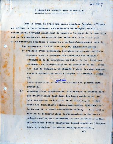 Documento da FNLA «A propos de l’unité avec le MPLA»