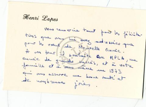 Cartão de boas festas de Henri Lopes a Lúcio Lara