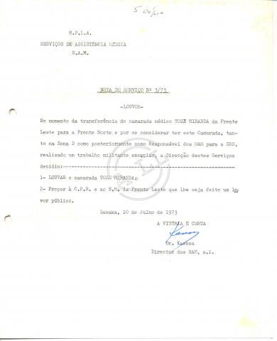 Nota de serviço nº3/73, de Dr. Kasesa