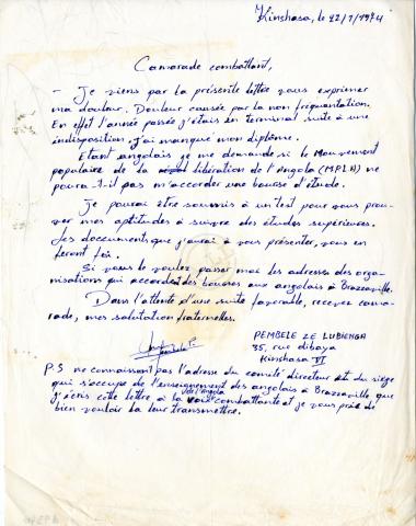 Carta de Pembele Ze Lubienga a pedir uma bolsa de estudos