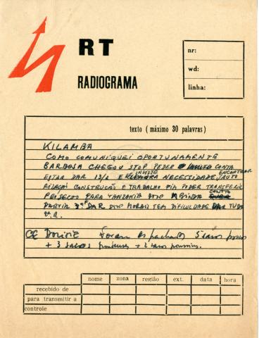 Radiograma de «Tchiweka» a «Kilamba»