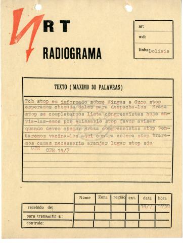 Radiograma da CPR a «Tchiweka»