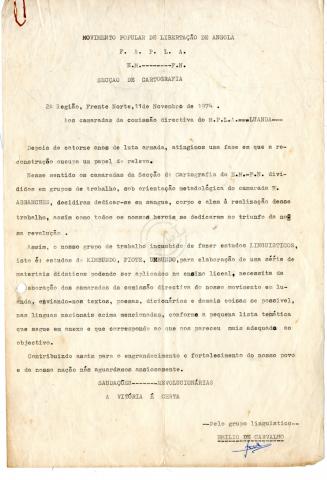 Carta de Emílio de Carvalho à Comissão Directiva do MPLA