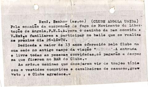 Convite do Clube Angola Unida para um baile dia 26.10.74 