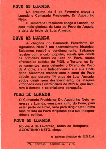 Apelo para a recepção de Agostinho Neto