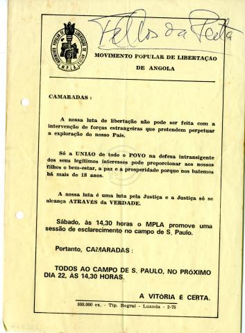 Convocatória do MPLA para um comício