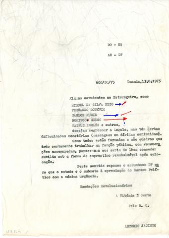 Carta de António Jacinto ao Departamento de Finanças