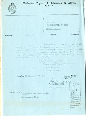 Carta de Agostinho Neto ao Administrador da TAAG