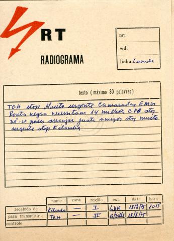 Radiograma de Agostinho Neto a Lúcio Lara