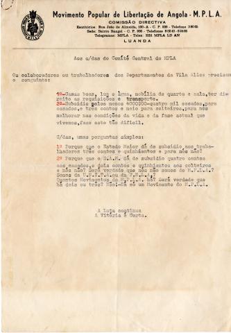 Carta dos trabalhadores e colaboradores dos departamentos do MPLA