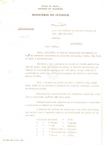 Ofício-Circular nº 147/75, de Ngola Kabangu (Ministro do Interior)