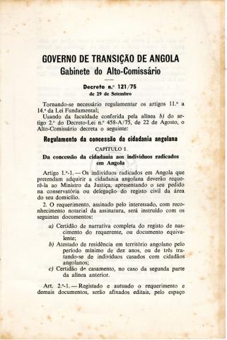 “Decreto nº 121/75 de 29/9/75 do Governo de Transição de Angola