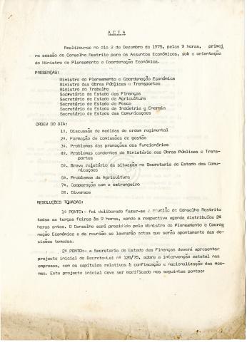 Acta da primeira sessão do Conselho restrito para os Assuntos económicos da RPA