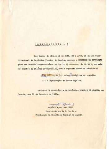 Convocatória de Agostinho Neto para uma reunião extraordinário do Conselho da Revolução