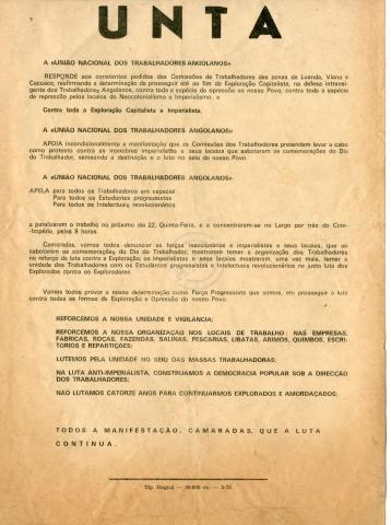 Panfleto da UNTA com apelo para uma paralisação do trabalho