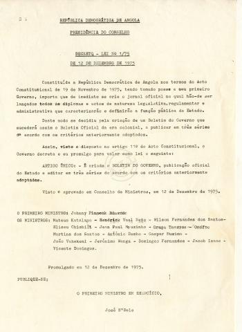 Decreto-Lei nº1/75 (criando o Boletim do Governo) da República Democrática de Angola