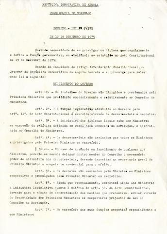 Decreto-Lei nº2/75 (com o Regulamento do governo) da República Democrática de Angola