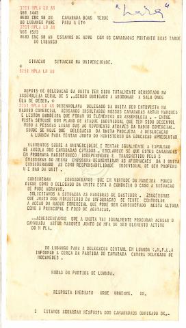 Telex do MPLA no Lubango para a Direcção do MPLA em Luanda