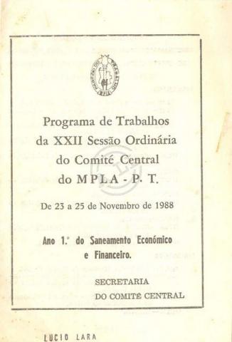 Programa de trabalhos da XXII sessão ordinária do CC do MPLA-PT