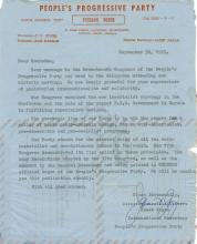 Carta de Janet Jagan (People’s Progressive Party) ao CD do MPLA