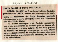 Mensagem de Savimbi a Portugal