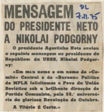 Mensagem do presidente Agostinho Neto a Podgorny