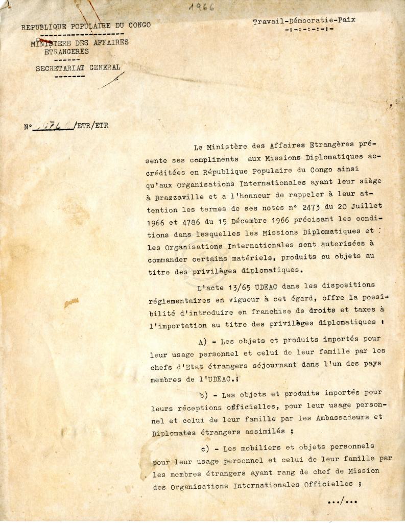 Carta do Ministério dos Negócios Estrangeiros da Rep. Pop. do Congo