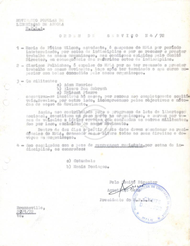 Ordem de serviço nº 4/72, assinada por Agostinho Neto