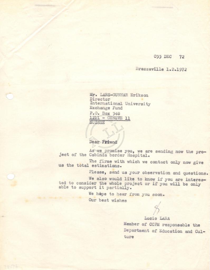 Carta de Lúcio Lara a Lars-Gunnar Eriksson (IUEF)