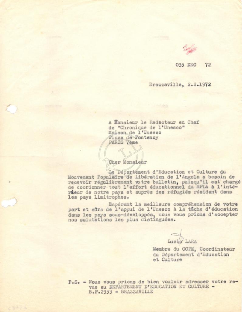 Carta de Lúcio Lara à «Chronique de l’UNESCO»