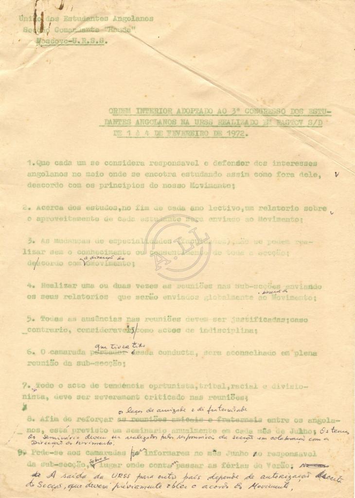 Ordem interior do 3º Congresso dos estudantes angolanos na URSS