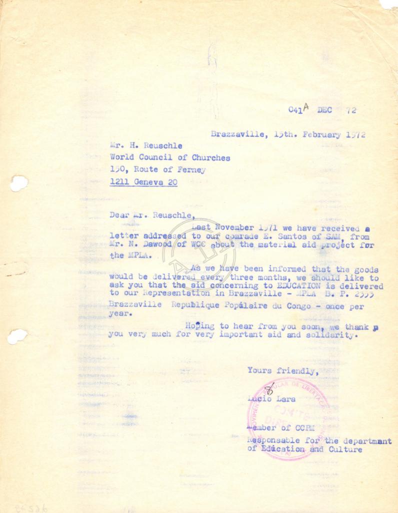 Carta de Lúcio Lara a H. Reuschle (WCC)