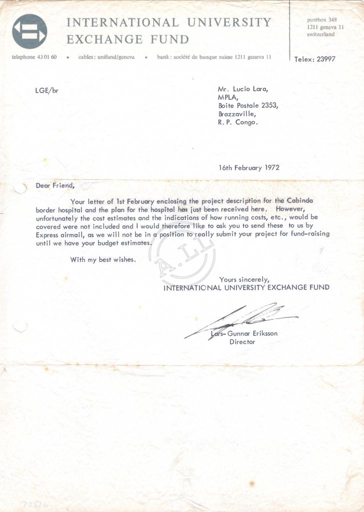 Carta de Lars-Gunnar Eriksson (IUEF) a Lúcio Lara