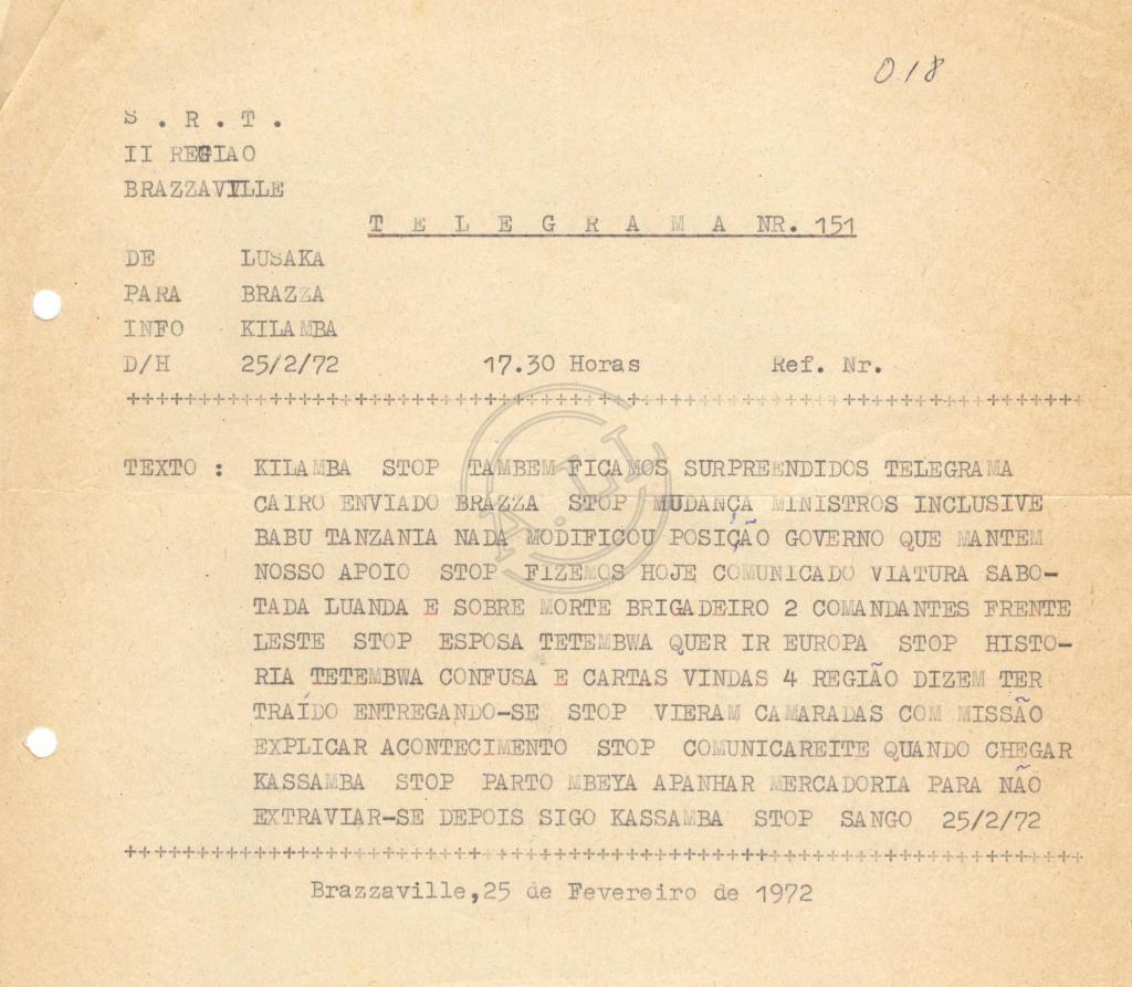 Telegrama de Sango a Kilamba (nr. 151)
