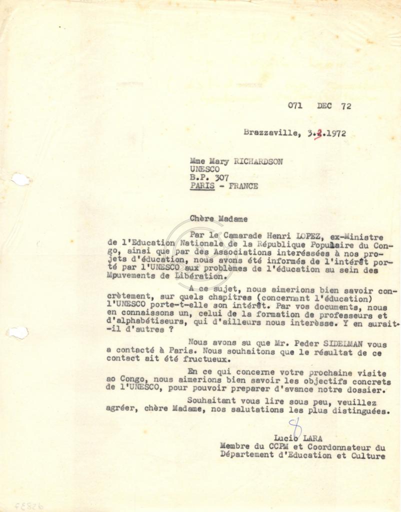 Carta de Lúcio Lara a Mary Richardson (UNESCO)