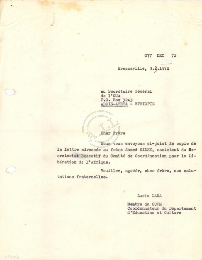 Carta de Lúcio Lara ao SG da OUA