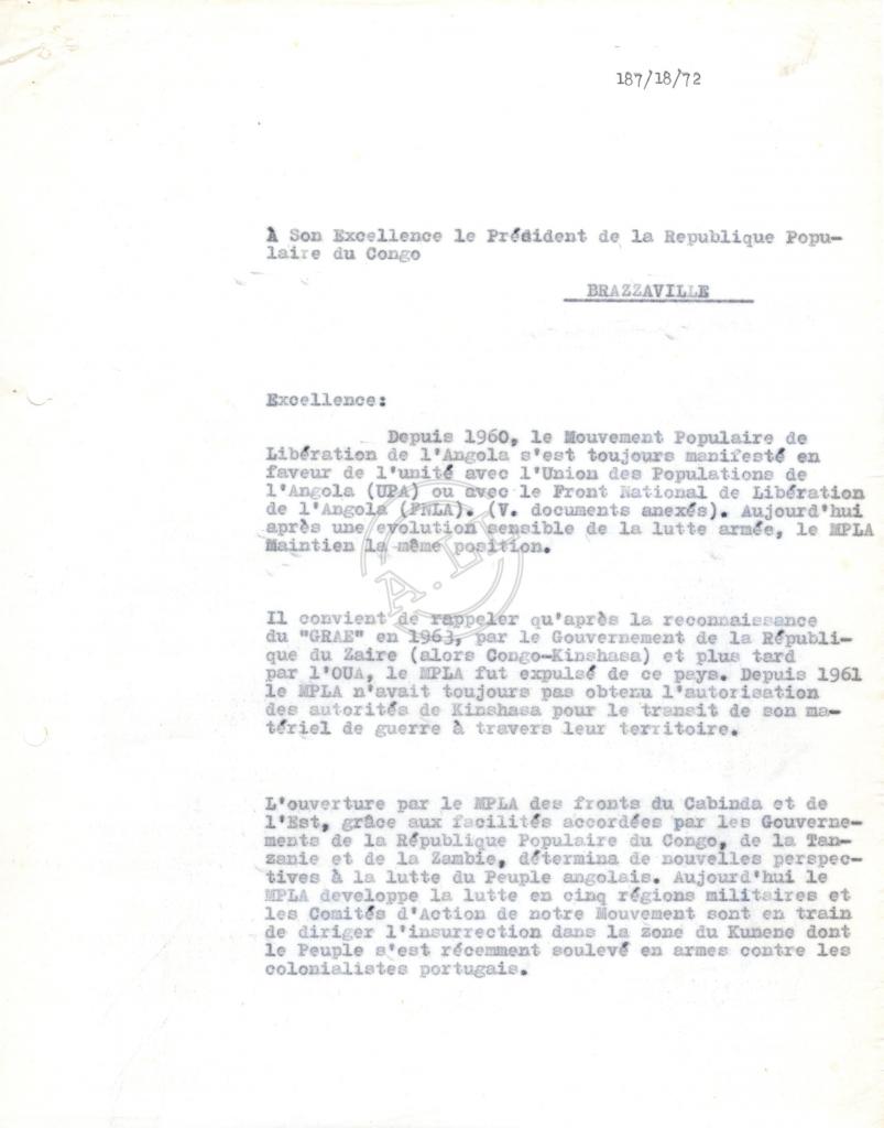 Carta do presidente do MPLA ao Presidente do Congo e outros