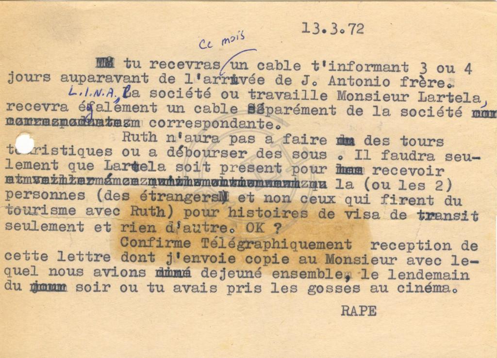 Bilhete de Rape a Lúcio Lara sobre chegada de J. Antonio à Brazzaville