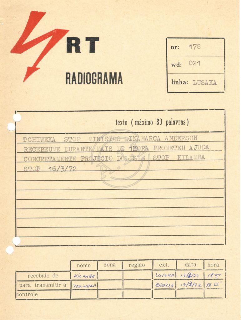 Radiograma de Kilamba a Tchiweka, nº 178