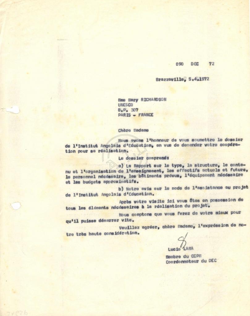 Carta de Lúcio Lara a Mary Richardson (UNESCO)
