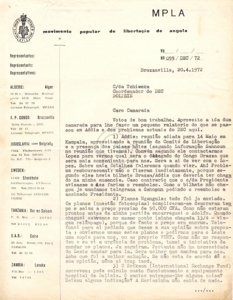 Carta (Nr. 099/DEC/72) de ? a Tchiweka