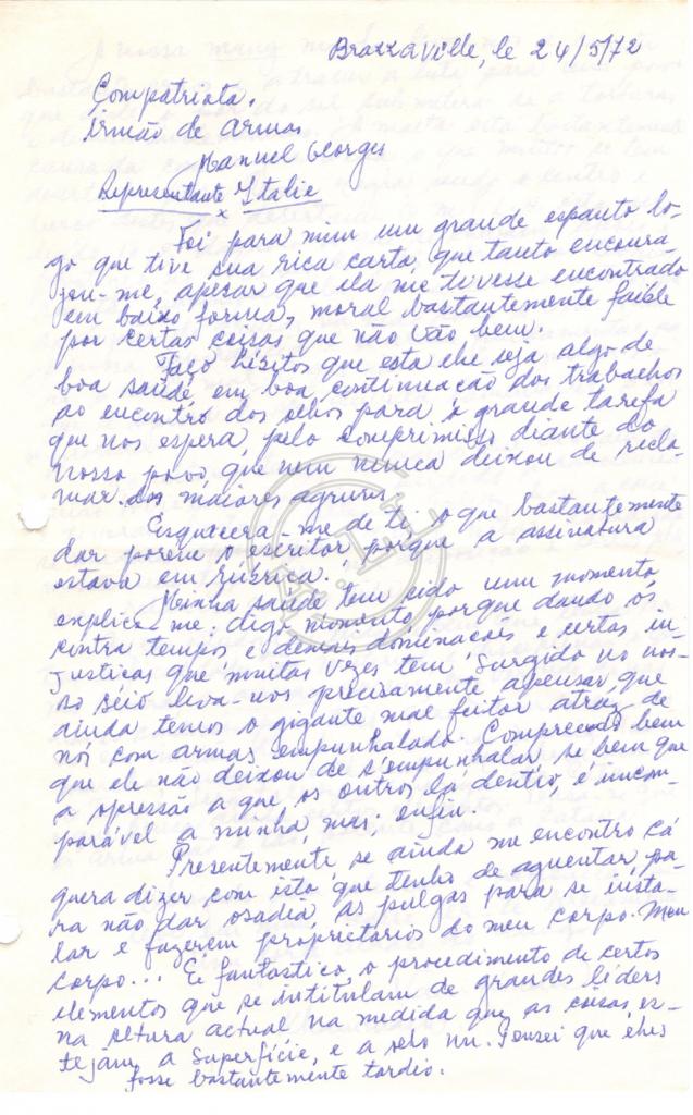 Carta de Van-Dúnem Khammash a Manuel Jorge (Representante na Itália)