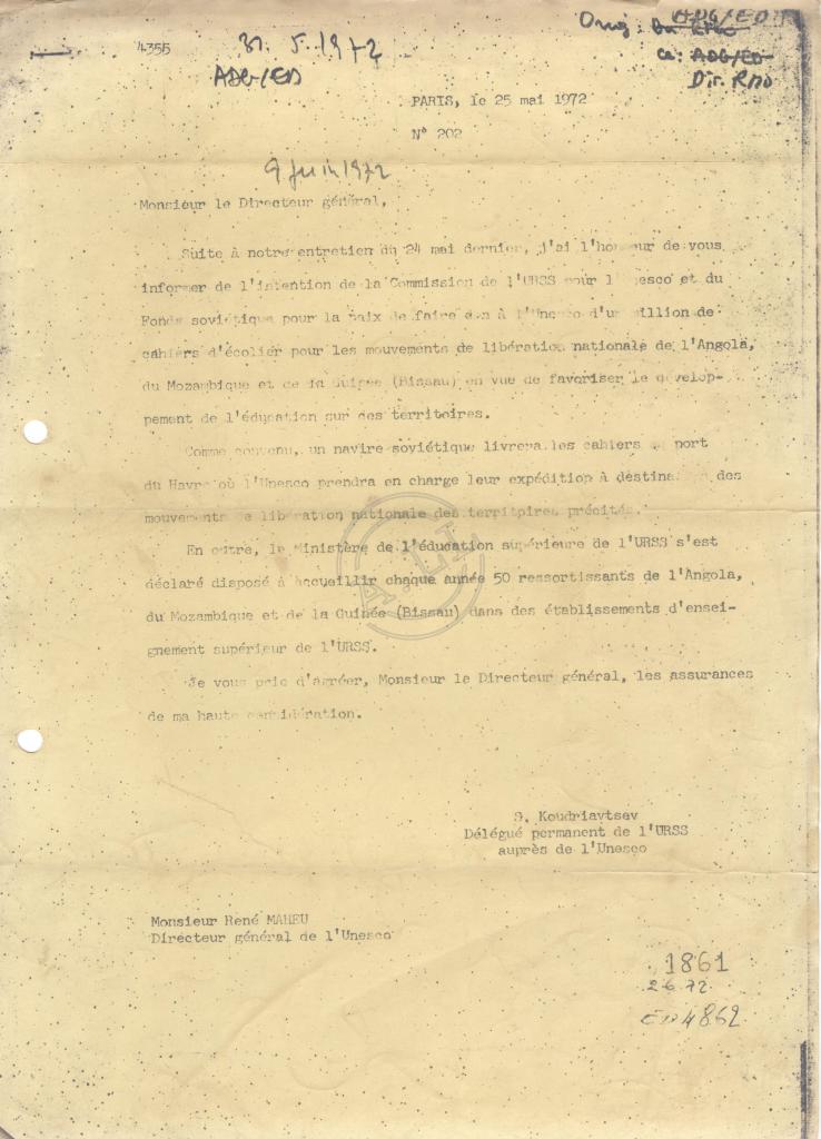 Carta de S. Koudriavtsev (URSS) a René Maheu (Director geral da UNESCO)