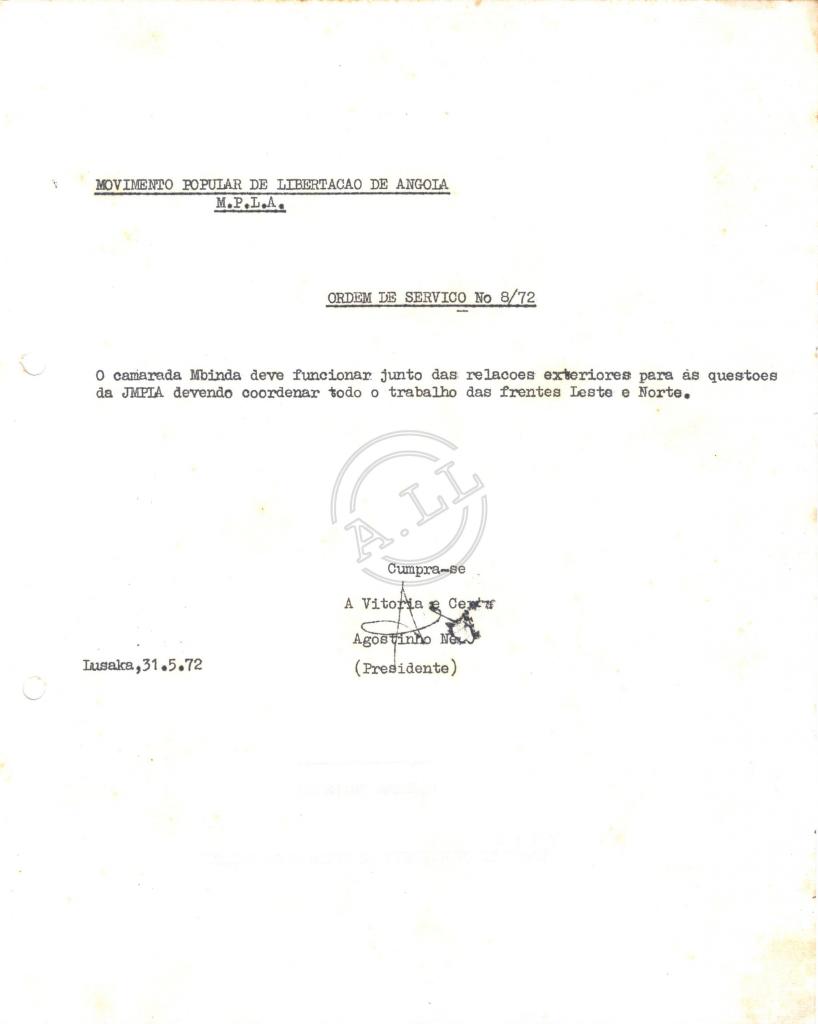 Ordem de serviço, nº 8/72, assinado por Agostinho Neto