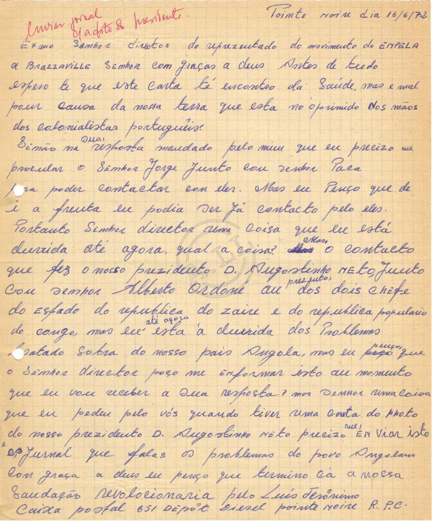 Carta de Luís Jerónimo ao representante do MPLA em Brazzaville